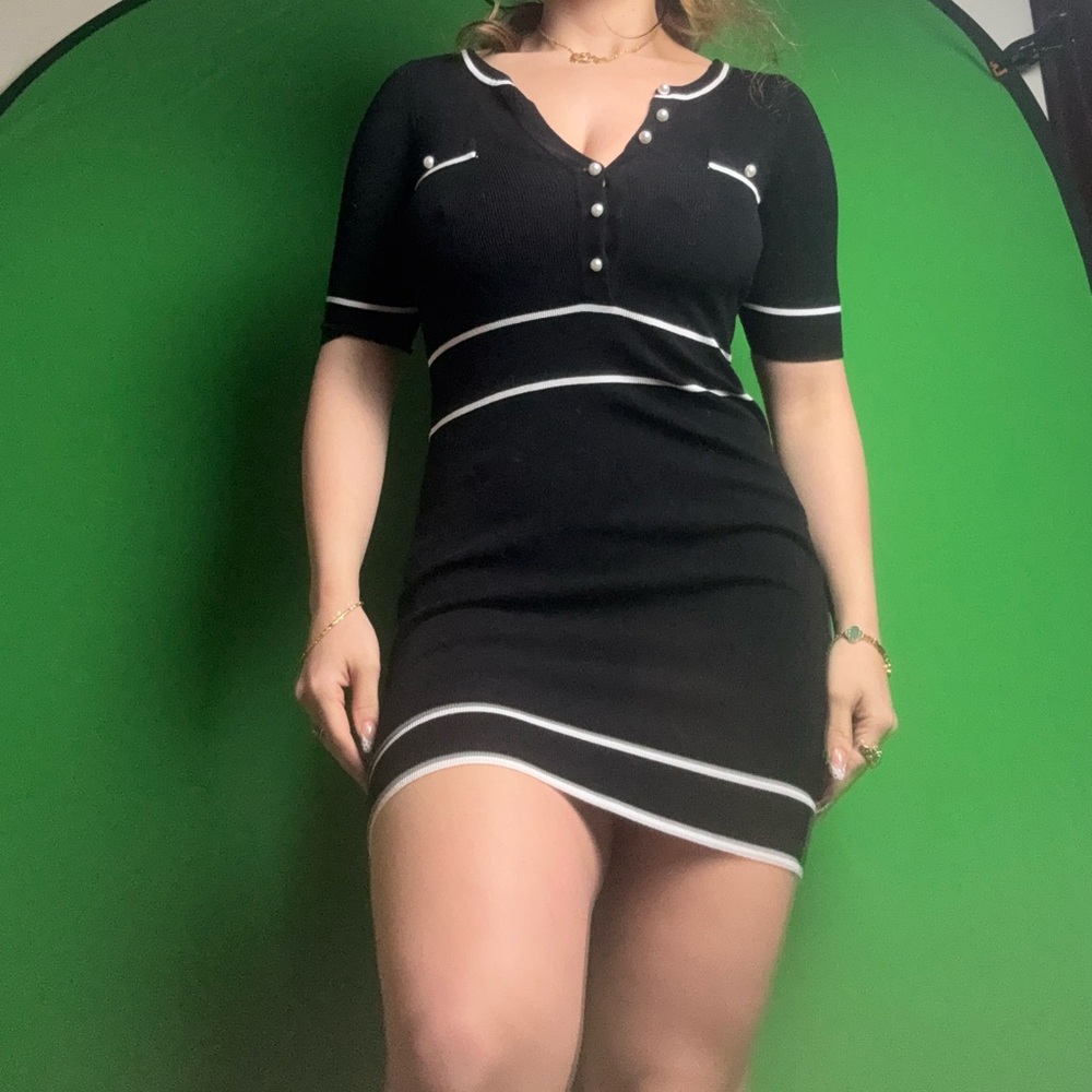 Black Knit Short Sleeve Stripe Mini Dress